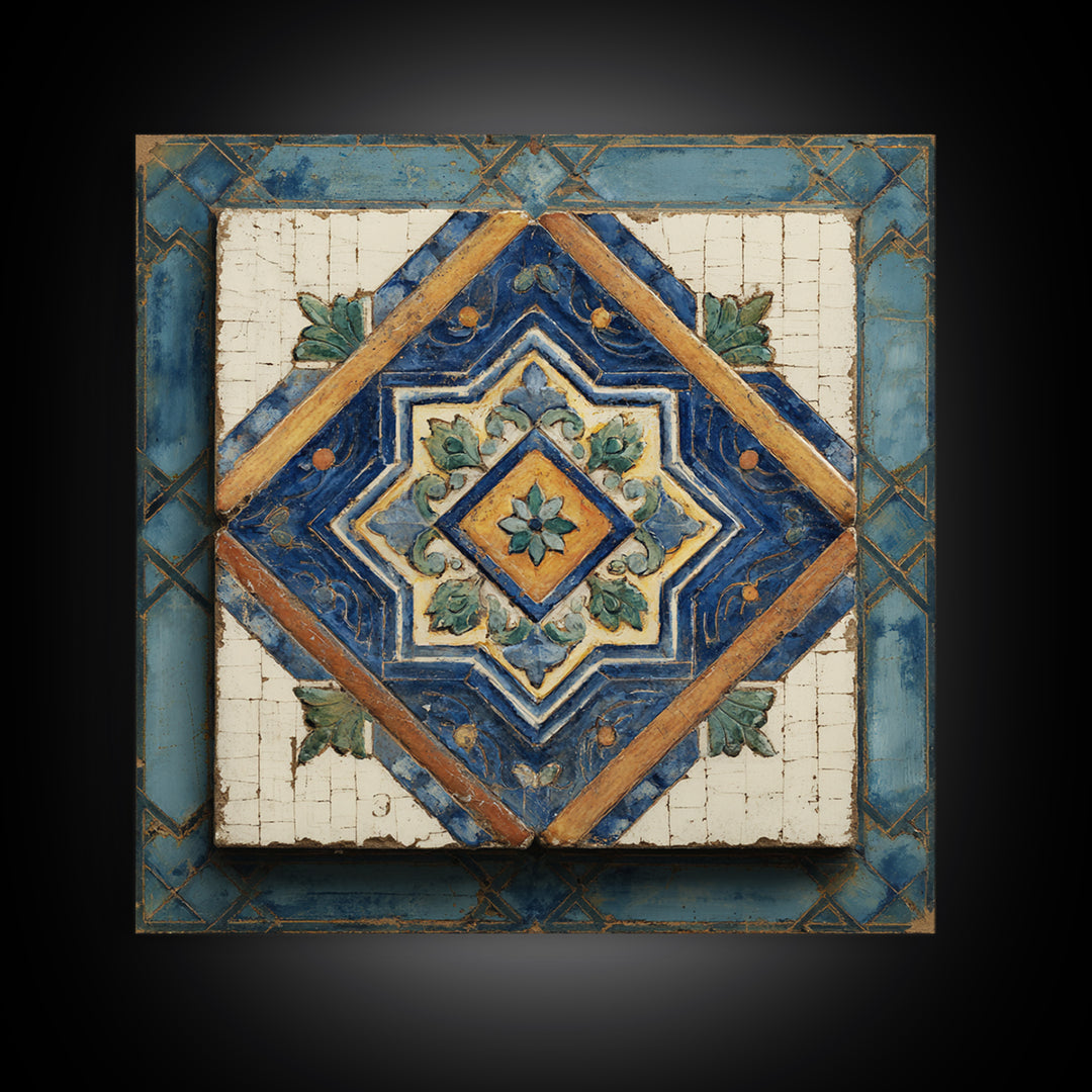 Spanish Tile Ornament Framed Canvas Print, Mediterranean Art, Art Print, Living Room Decor, Fine Art, Azure, Digital Print, MAR-1x1-88