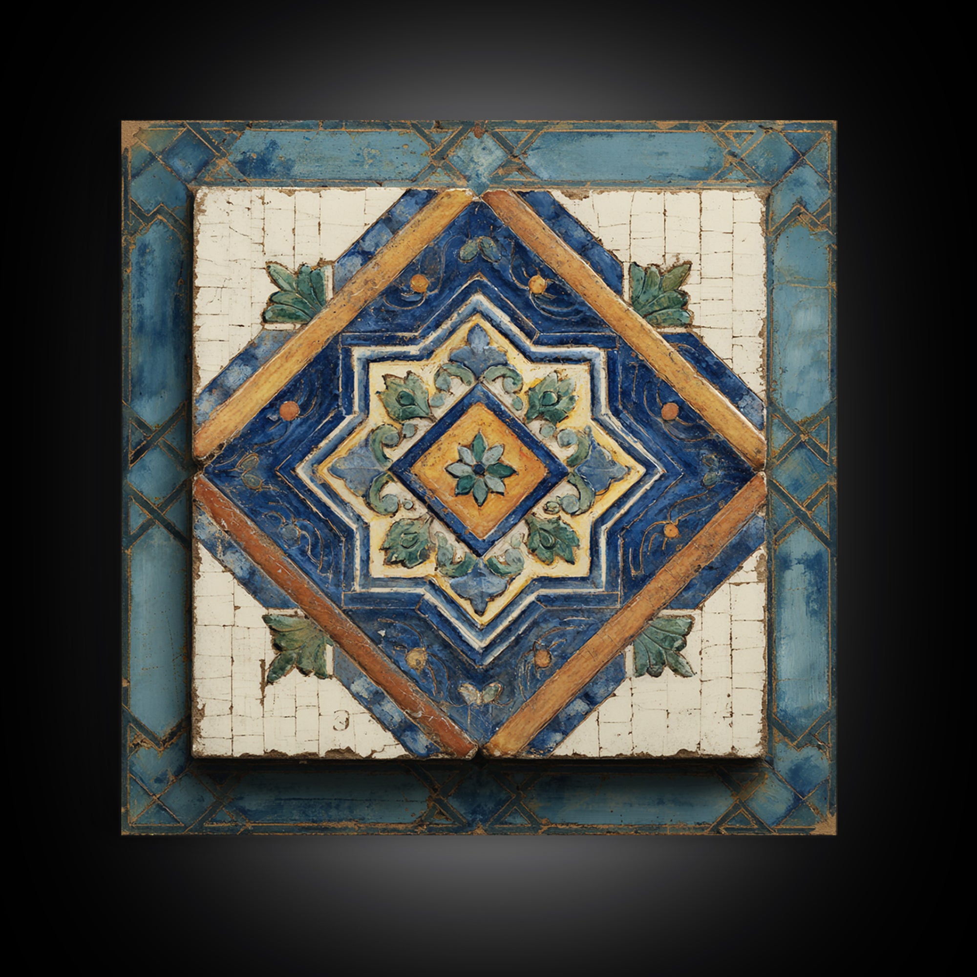 Spanish Tile Ornament Framed Canvas Print, Mediterranean Art, Art Print, Living Room Decor, Fine Art, Azure, Digital Print, MAR-1x1-88