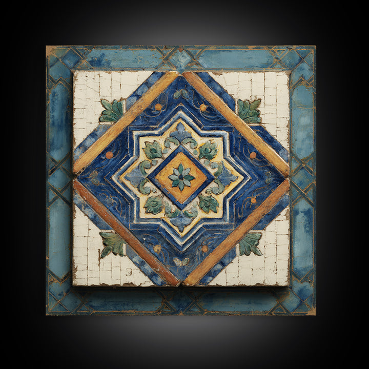 Spanish Tile Ornament Framed Canvas Print, Mediterranean Art, Art Print, Living Room Decor, Fine Art, Azure, Digital Print, MAR-1x1-88