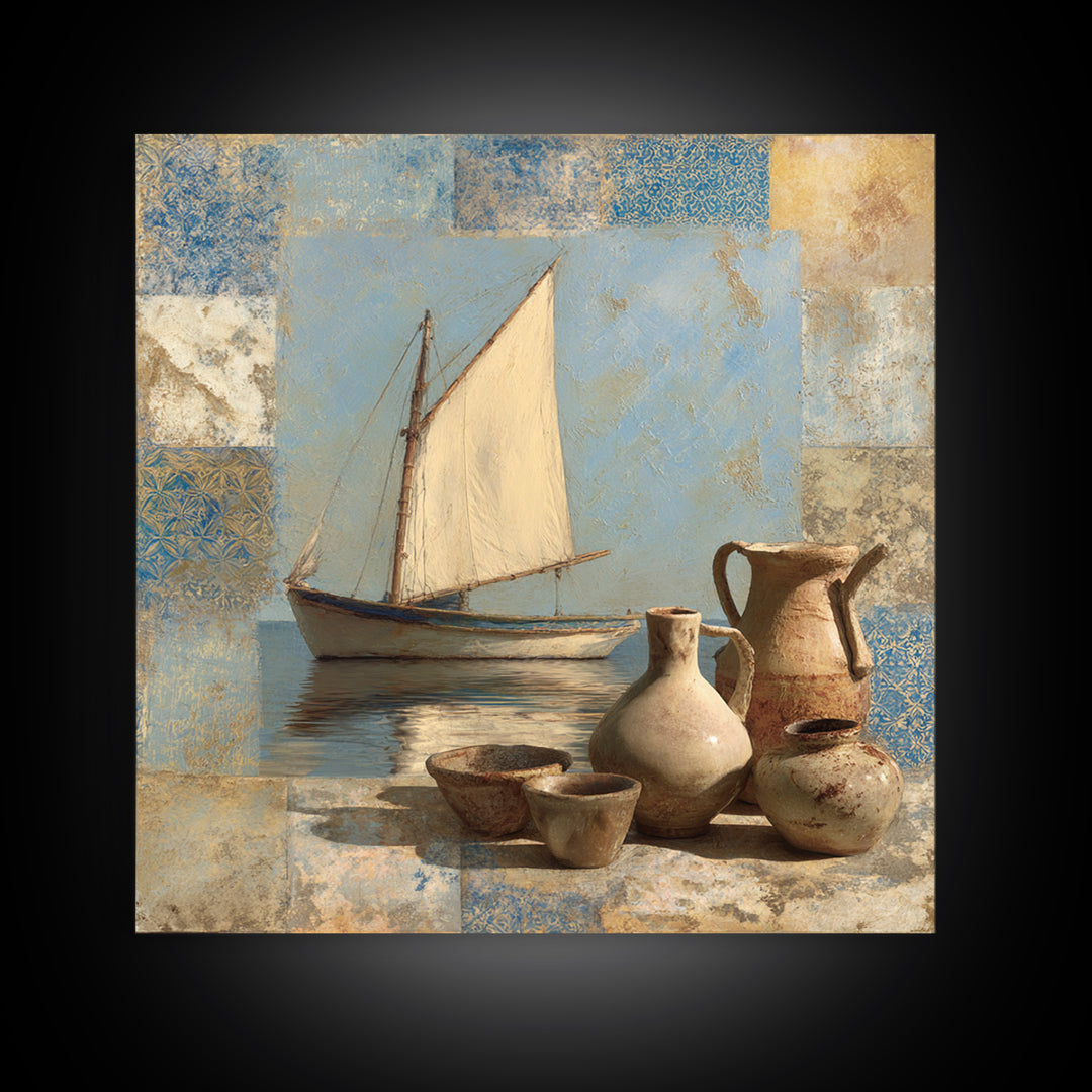 Mediterranean Sailboat on Glassy Water Canvas Print, Mediterranean Art, Gallery Wall Art, Living Room Decor, Fine Art, Azure, MAR-1x1-90