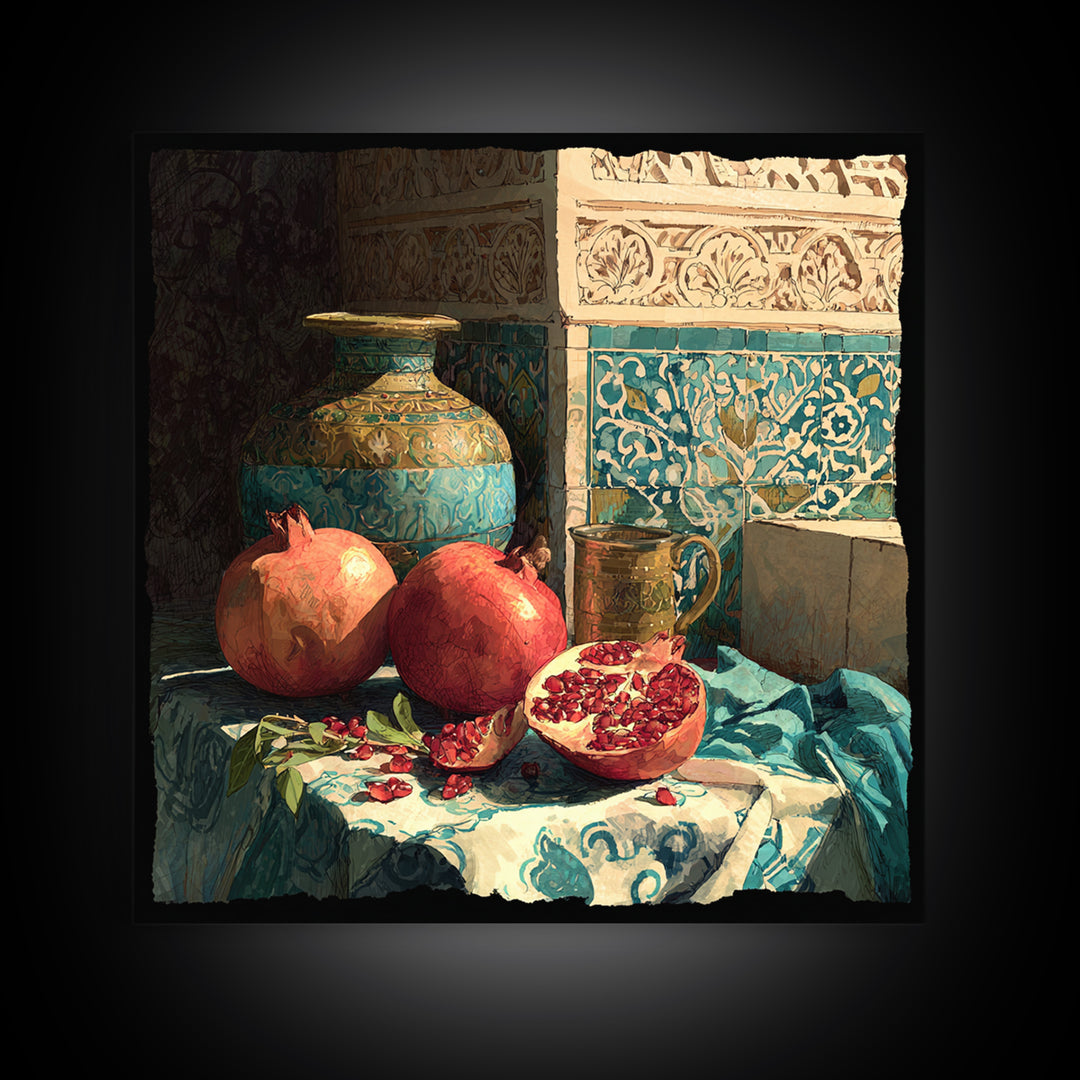 Pomegranate Still Life Canvas Print, Mediterranean Art, Fine Art Print, Living Room Decor, Fine Art, Azure, Original Painting, MAR-1x1-91