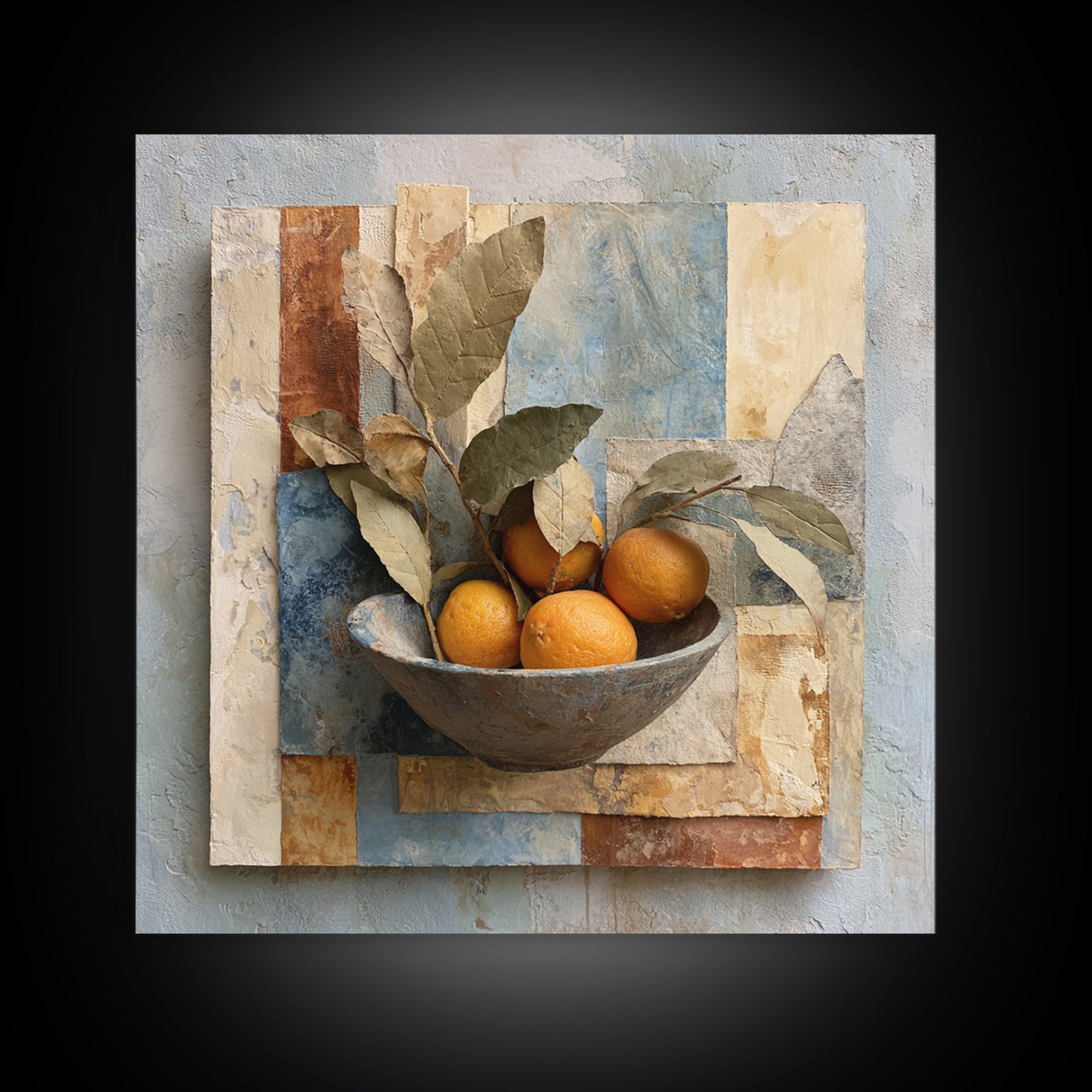 Ceramic Bowl of Oranges and Leaves Framed Canvas Print, Mediterranean Art, Wall Decor, Living Room Decor, Oil Painting, Azure, MAR-1x1-93