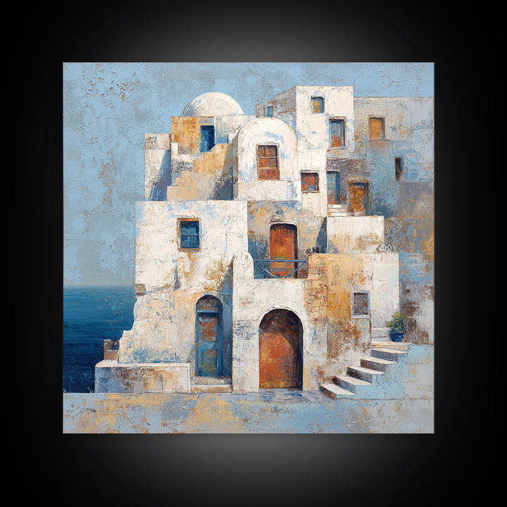 Greek Island White Buildings Above Blue Sea Canvas Print, Mediterranean Art, Luxury Decor, Living Room Decor, Oil Painting, MAR-1x1-97