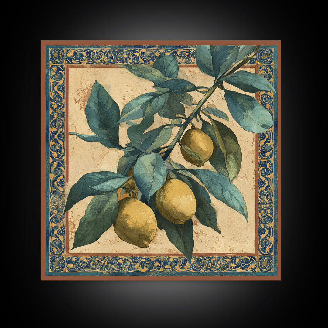 Olive Branch and Lemons on Terracotta Ground Canvas Print, Mediterranean Art, Wall Decor, Living Room Decor, Fine Art, Azure, MAR-1x1-98