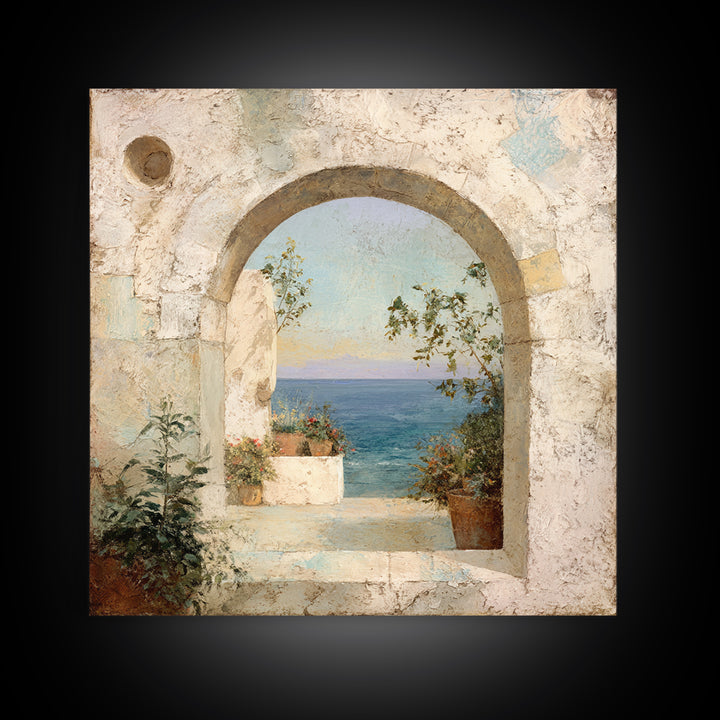 Mediterranean Arch Framing Ocean Horizon Canvas Print, Mediterranean Art, Living Room Decor, Oil Painting, Azure, MAR-1x1-99