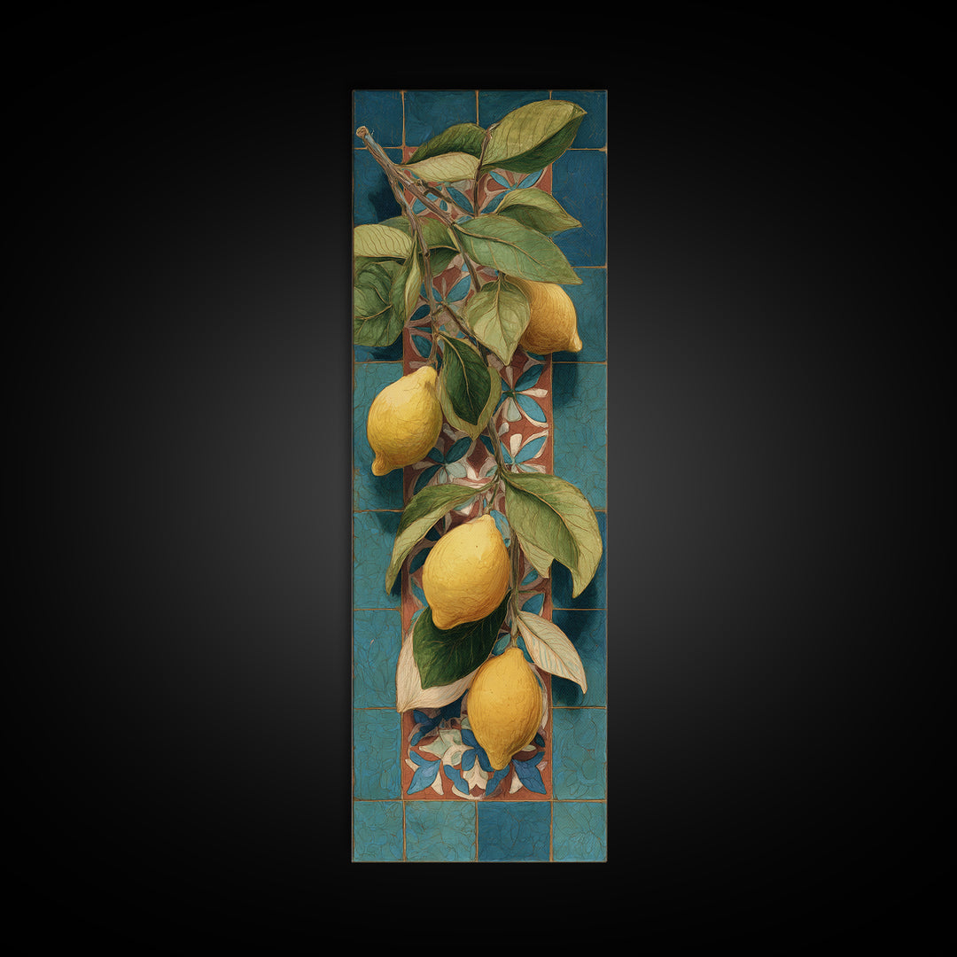 Olive Branch and Lemons on Terracotta Ground Canvas Print, Mediterranean Art, Beach Wall Art, Living Room Decor, Azure, MAR-1x3-14