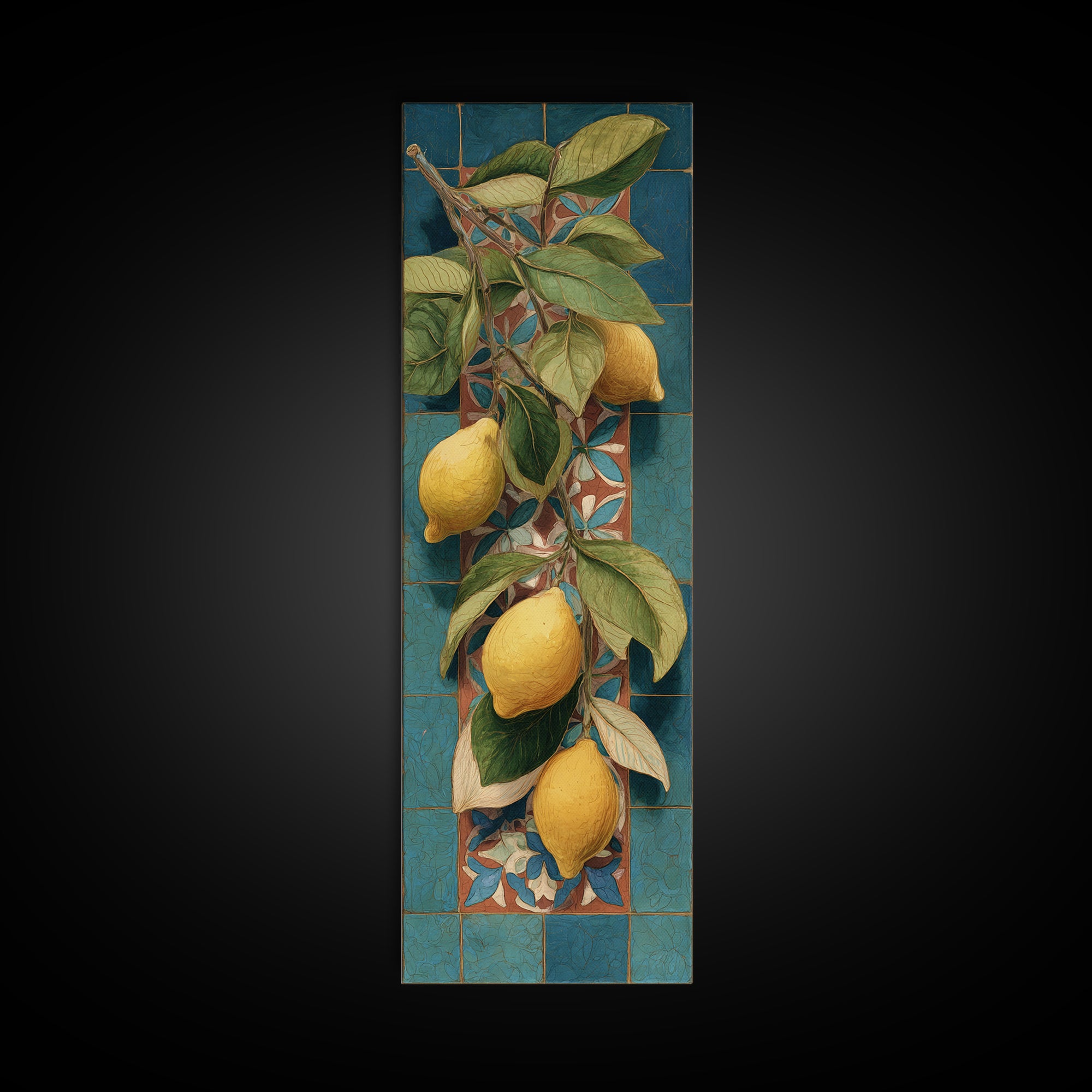 Olive Branch and Lemons on Terracotta Ground Canvas Print, Mediterranean Art, Beach Wall Art, Living Room Decor, Azure, MAR-1x3-14