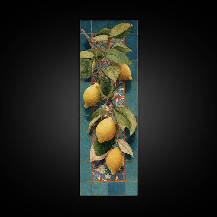 Olive Branch and Lemons on Terracotta Ground Canvas Print, Mediterranean Art, Beach Wall Art, Living Room Decor, Azure, MAR-1x3-14