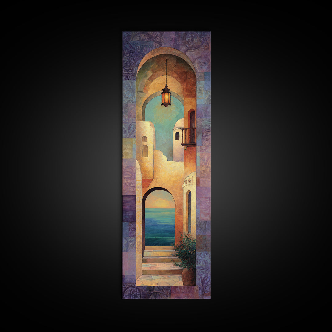 Mediterranean Arch Framing Ocean Horizon Framed Canvas Print, Mediterranean Art, Statement Artwork, Living Room Decor, Azure, MAR-1x3-15