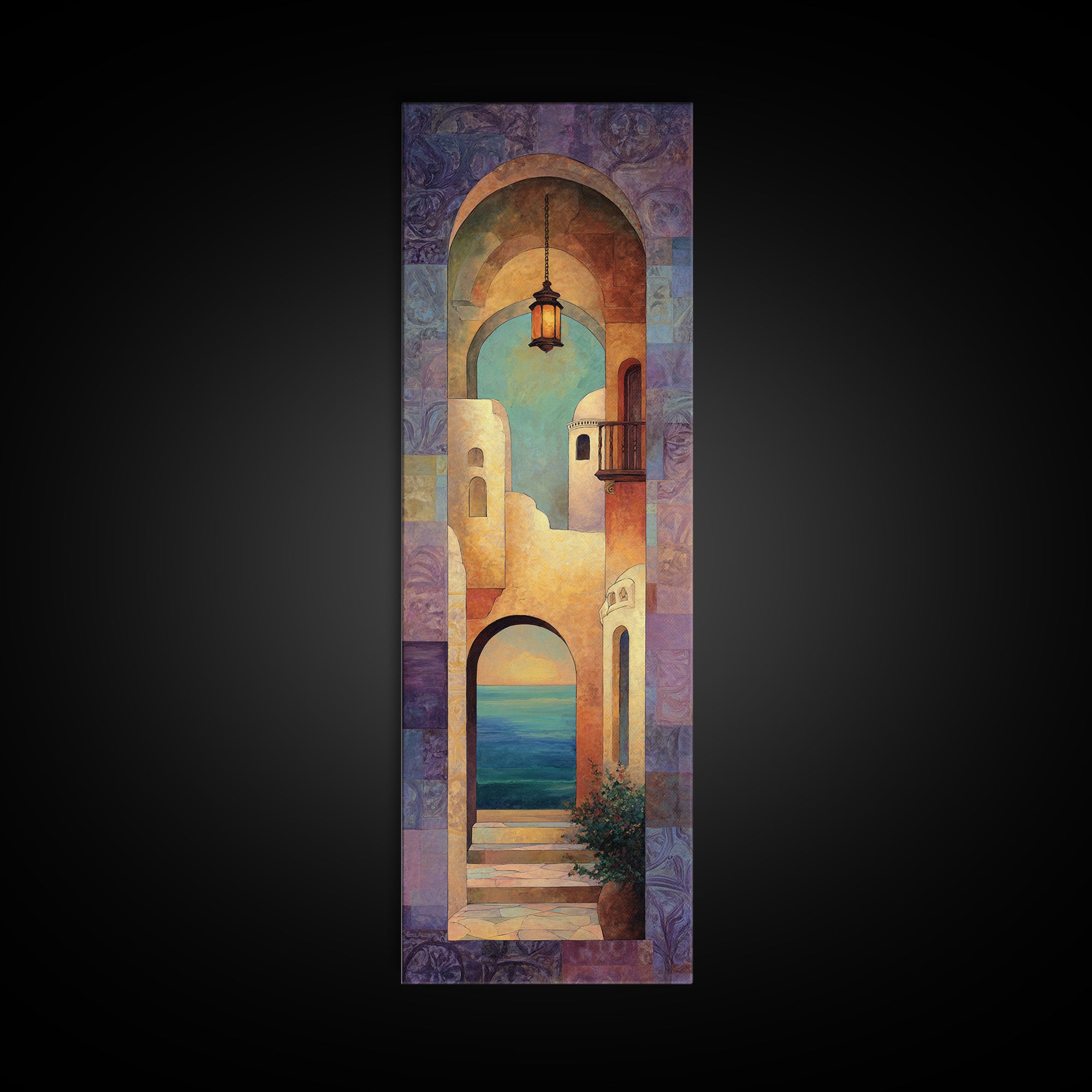 Mediterranean Arch Framing Ocean Horizon Framed Canvas Print, Mediterranean Art, Statement Artwork, Living Room Decor, Azure, MAR-1x3-15