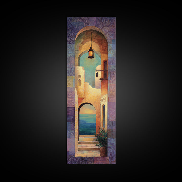 Mediterranean Arch Framing Ocean Horizon Framed Canvas Print, Mediterranean Art, Statement Artwork, Living Room Decor, Azure, MAR-1x3-15