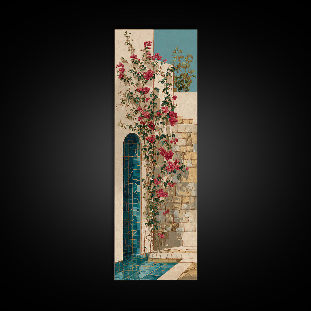 Bougainvillea Cascading over Stone Wall Canvas Print, Mediterranean Art, Modern Decor, Living Room Decor, Fine Art, Azure, MAR-1x3-17