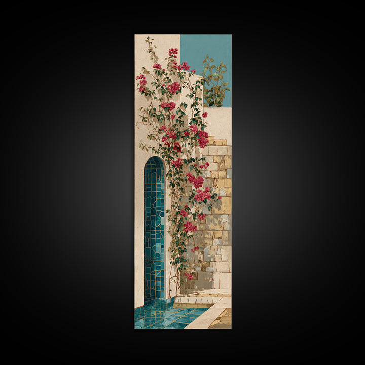 Bougainvillea Cascading over Stone Wall Canvas Print, Mediterranean Art, Modern Decor, Living Room Decor, Fine Art, Azure, MAR-1x3-17