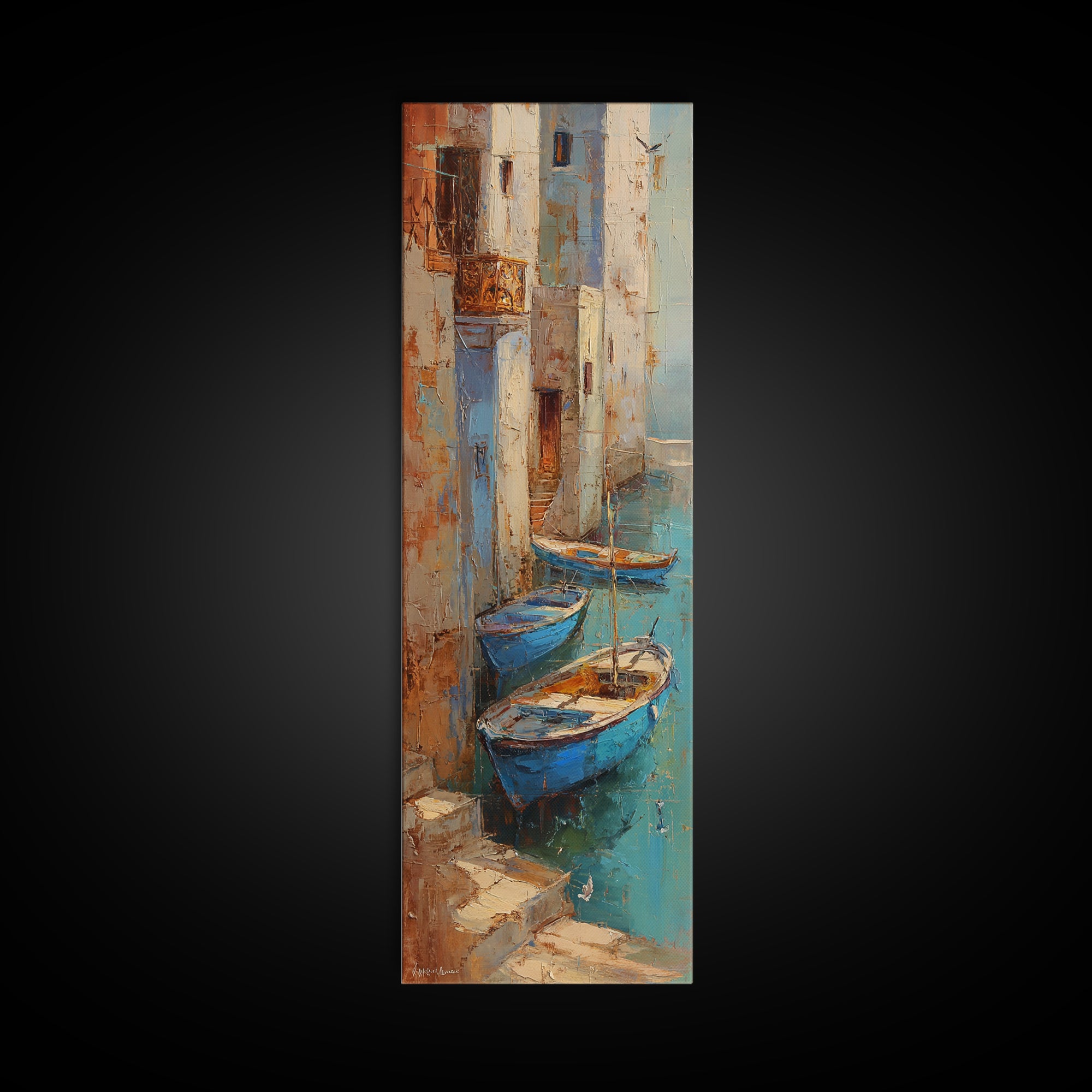 Coastal Fishing Boats Framed Canvas Print, Mediterranean Art, Boho Decor, Living Room Decor, Fine Art, Azure, Digital Wall Art, MAR-1x3-19