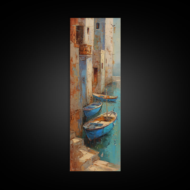 Coastal Fishing Boats Framed Canvas Print, Mediterranean Art, Boho Decor, Living Room Decor, Fine Art, Azure, Digital Wall Art, MAR-1x3-19
