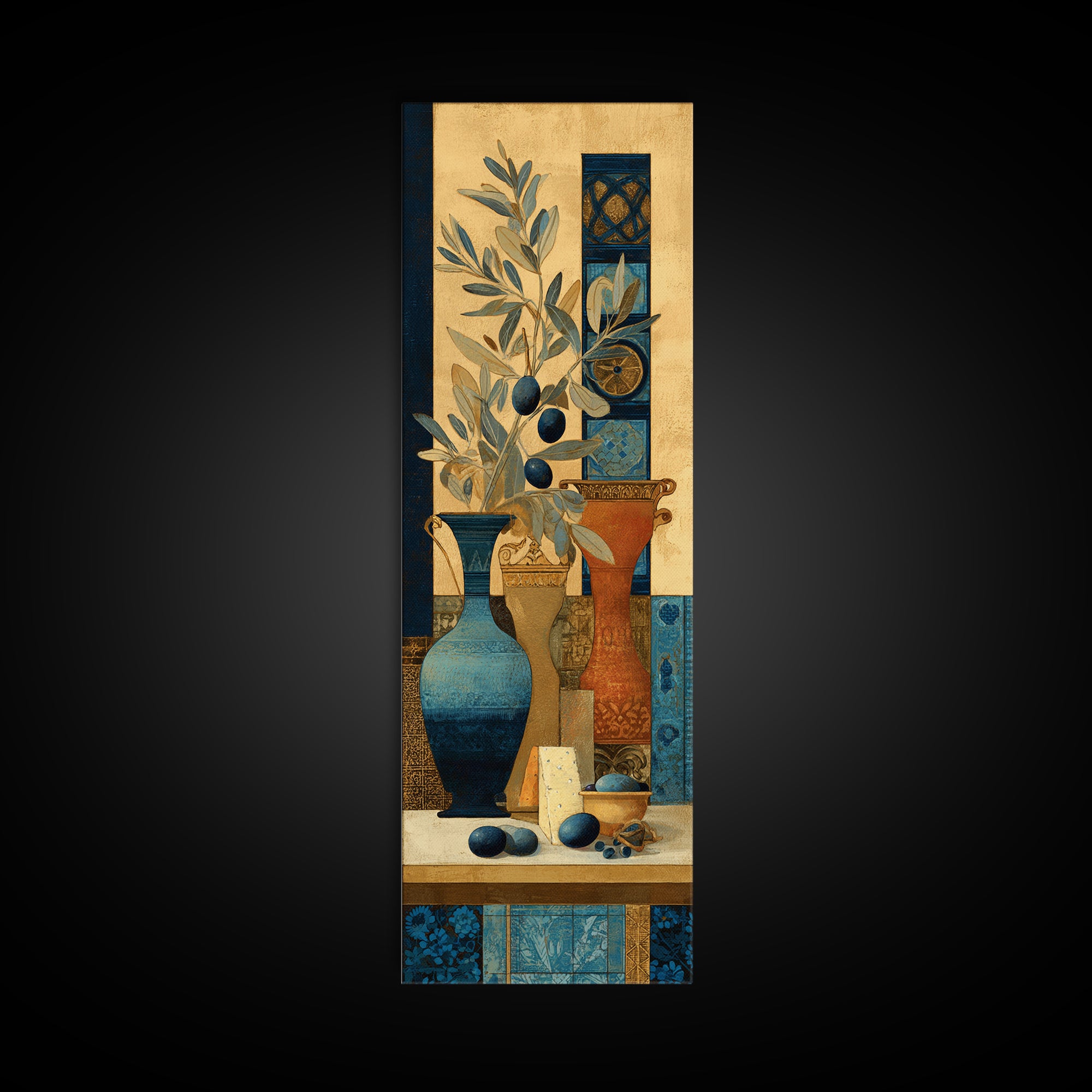 Figs Olives and Cheese Still Life Framed Canvas Print, Mediterranean Art, Travel Poster, Living Room Decor, Fine Art, Azure, MAR-1x3-20