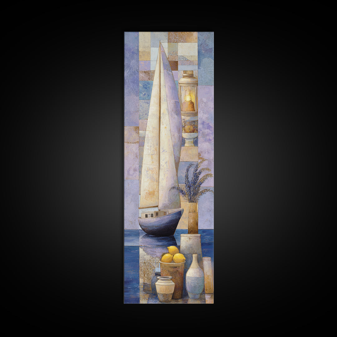 Mediterranean Sailboat on Glassy Water Framed Canvas Print, Mediterranean Art, Coastal Decor, Living Room Decor, Oil Painting, MAR-1x3-30