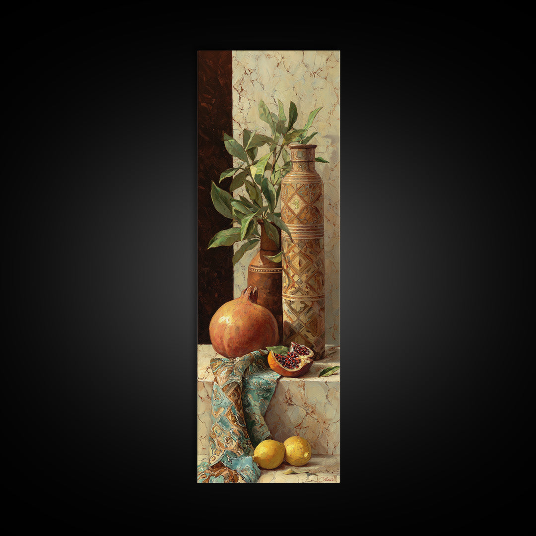 Pomegranate Still Life Framed Canvas Print, Mediterranean Art, Art Print, Living Room Decor, Watercolor Art, Azure, MAR-1x3-31