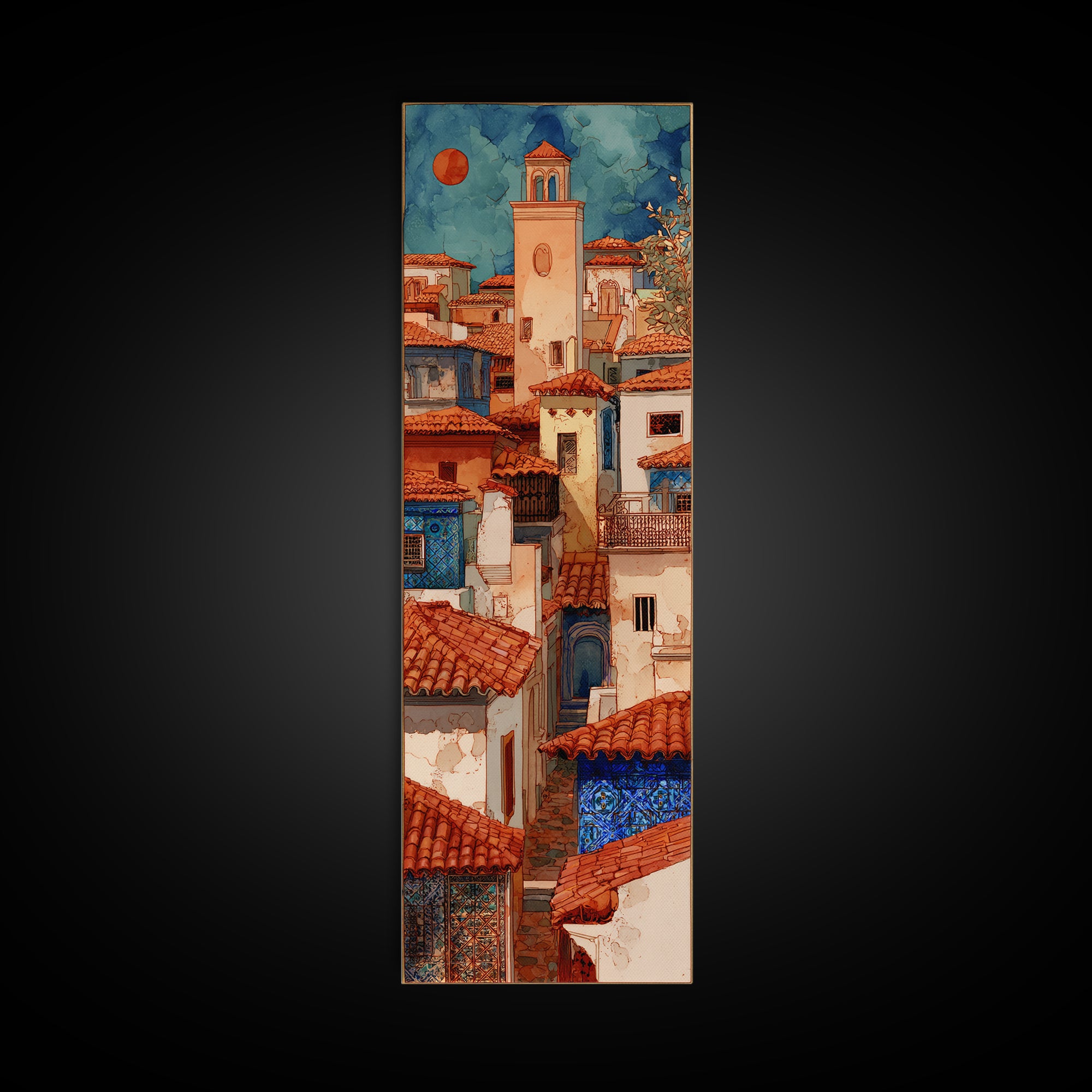 Sunset over Red Tiled Rooftops Canvas Print, Mediterranean Art, Fine Art Print, Living Room Decor, Fine Art, Azure, MAR-1x3-35
