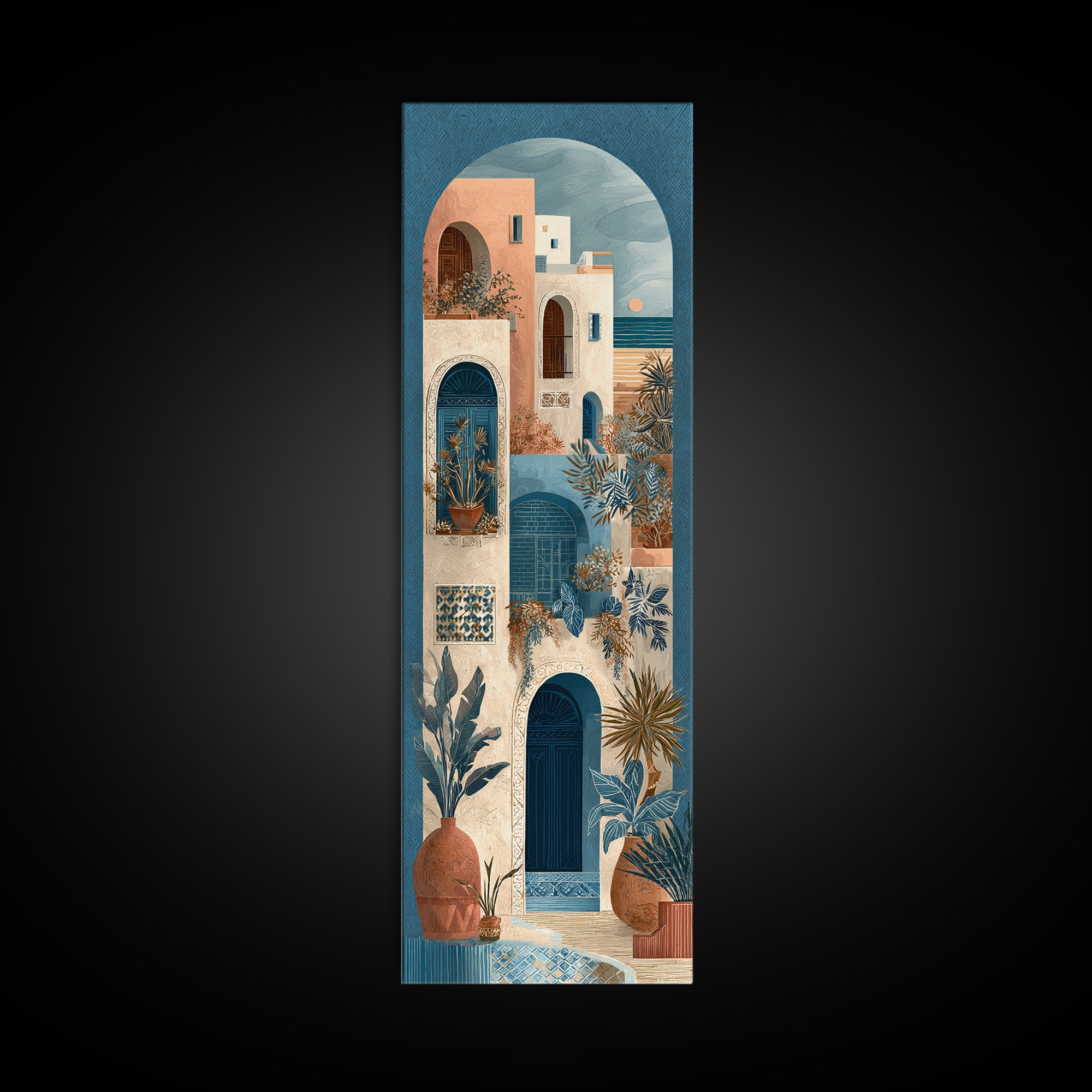 Mediterranean Arch Framing Ocean Horizon Canvas Print, Mediterranean Art, Living Room Decor, Oil Painting, Azure, MAR-1x3-39