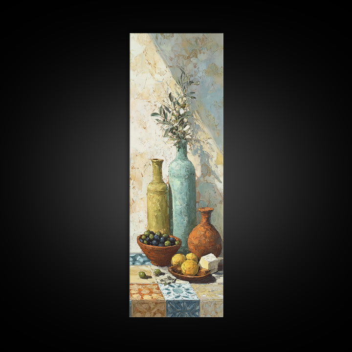 Figs Olives and Cheese Still Life Canvas Print, Mediterranean Art, Statement Artwork, Living Room Decor, Fine Art, Azure, MAR-1x3-44