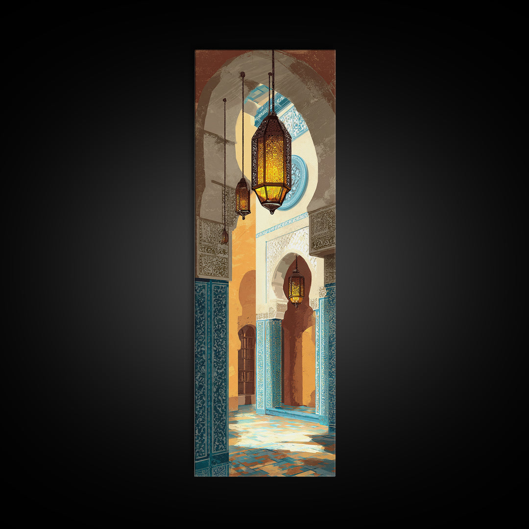 Moroccan Influenced Lantern Framed Canvas Print, Mediterranean Art, Travel Poster, Living Room Decor, Oil Painting, Azure, MAR-1x3-45