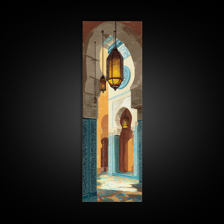 Moroccan Influenced Lantern Framed Canvas Print, Mediterranean Art, Travel Poster, Living Room Decor, Oil Painting, Azure, MAR-1x3-45