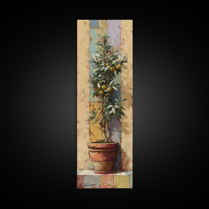 Citrus Tree in Clay Pot Framed Canvas Print, Mediterranean Art, Coastal Art, Living Room Decor, Azure, Statement Artwork, MAR-1x3-46