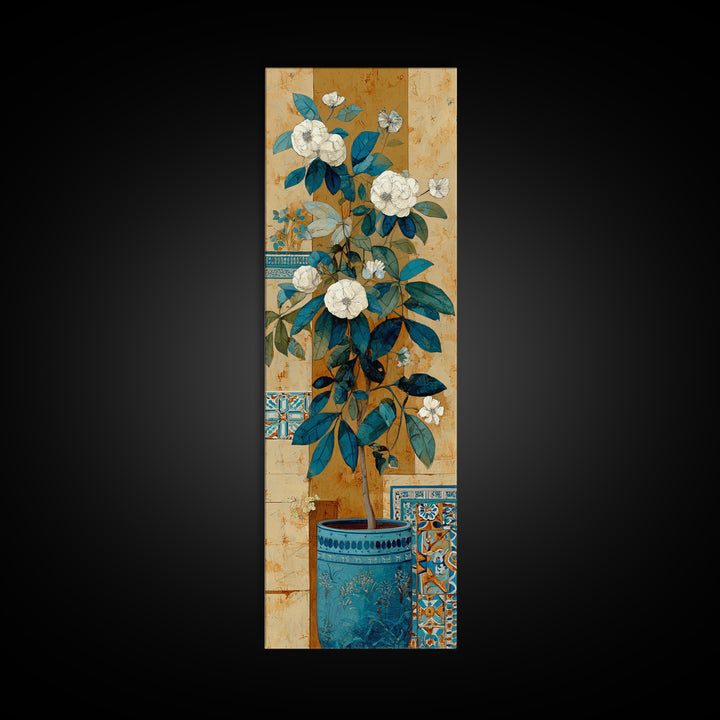Greek Vase Modern Floral Design Canvas Print, Mediterranean Art, Large Wall Art, Living Room Decor, Azure, Digital Art Prints, MAR-1x3-51