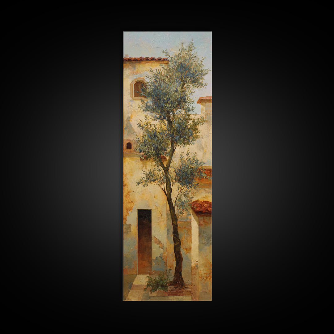 Olive Grove under Pale Morning Light Framed Canvas Print, Mediterranean Art, Downloadable Art, Living Room Decor, Azure, MAR-1x3-53