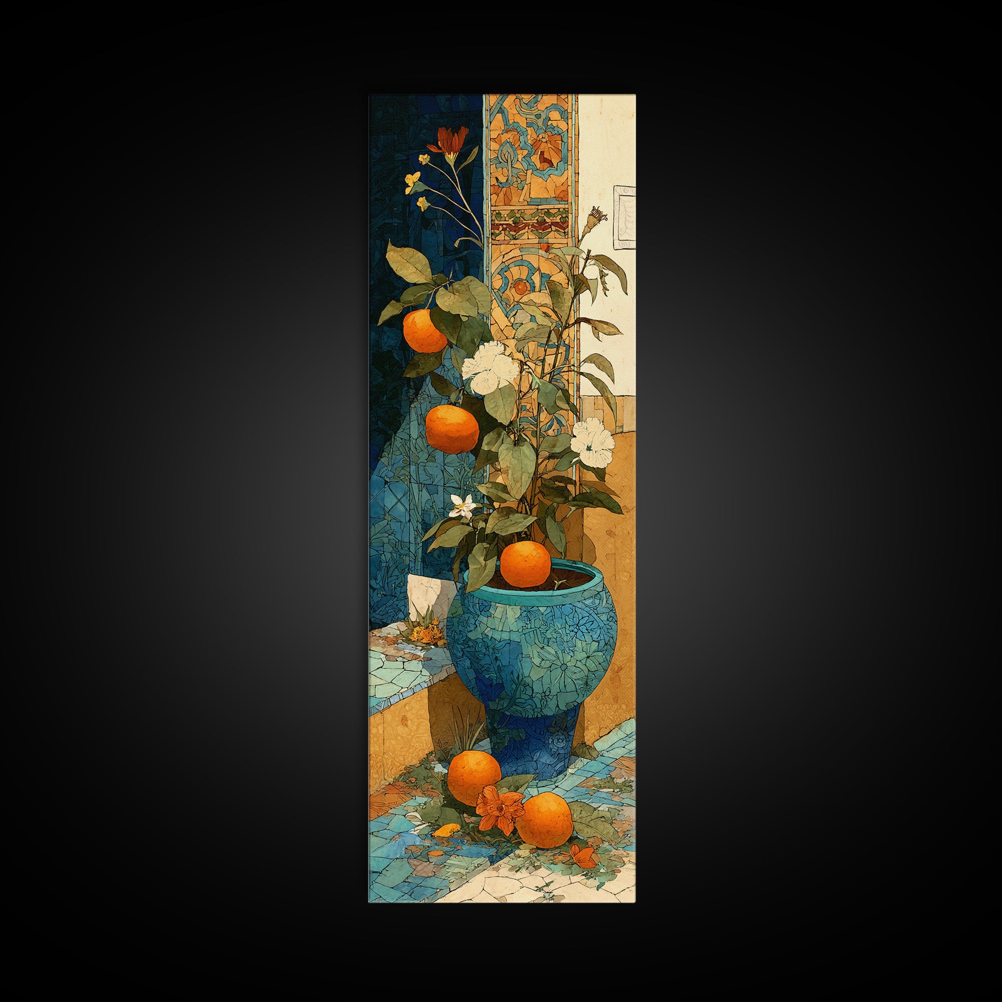 Ceramic Bowl of Oranges and Leaves Canvas Print, Mediterranean Art, Beach Prints, Living Room Decor, Abstract Art, Azure, MAR-1x3-57