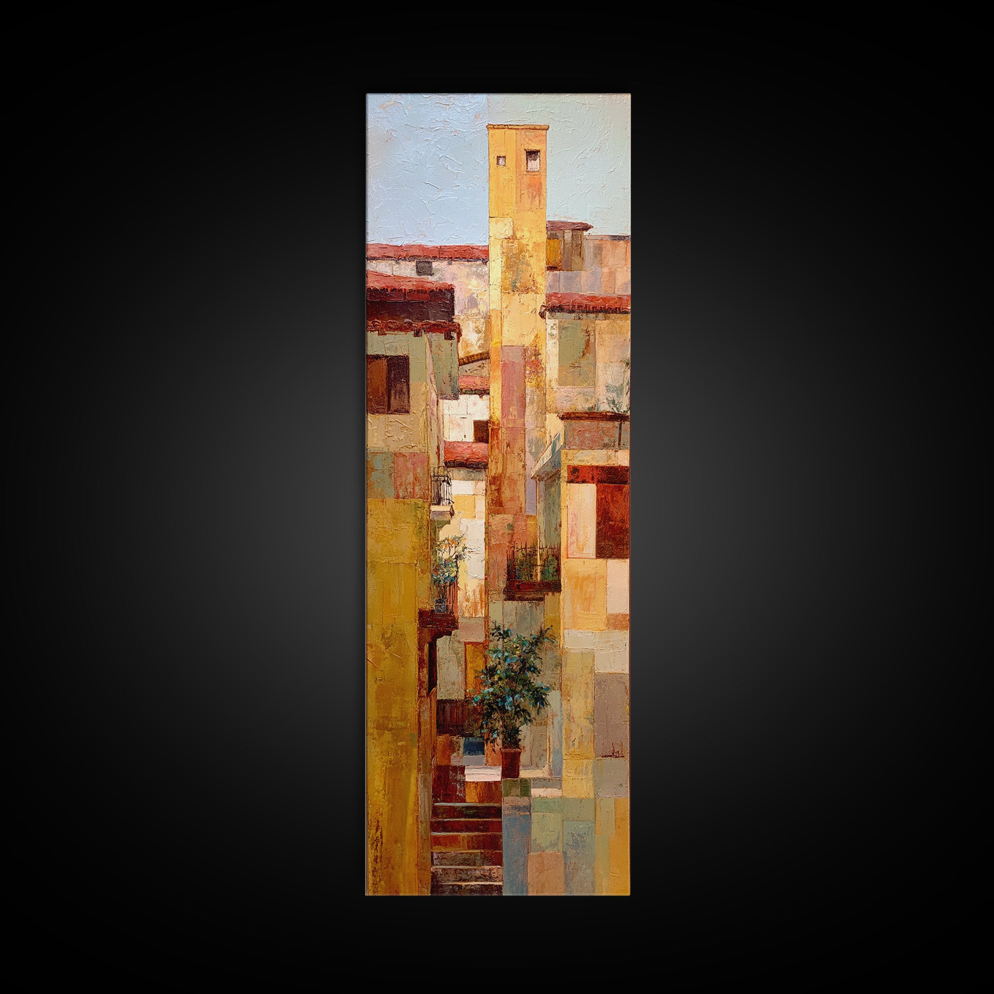 Sunset over Red Tiled Rooftops Canvas Print, Mediterranean Art, Printable Wall Art, Living Room Decor, Fine Art, Azure, MAR-1x3-59