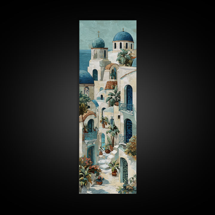 Greek Island White Buildings Above Blue Sea Framed Canvas Print, Mediterranean Art, Modern Decor, Living Room Decor, Azure, MAR-1x3-61