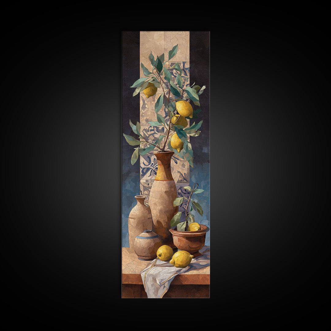 Olive Branch and Lemons on Terracotta Ground Canvas Print, Mediterranean Art, Beach Prints, Living Room Decor, Azure, MAR-1x3-62