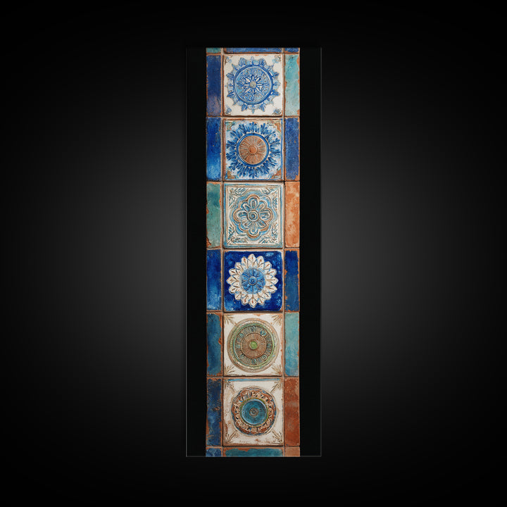 Blue and White Tile Pattern Framed Canvas Print, Mediterranean Art, Printable Wall Art, Living Room Decor, Fine Art, Azure, MAR-1x3-64