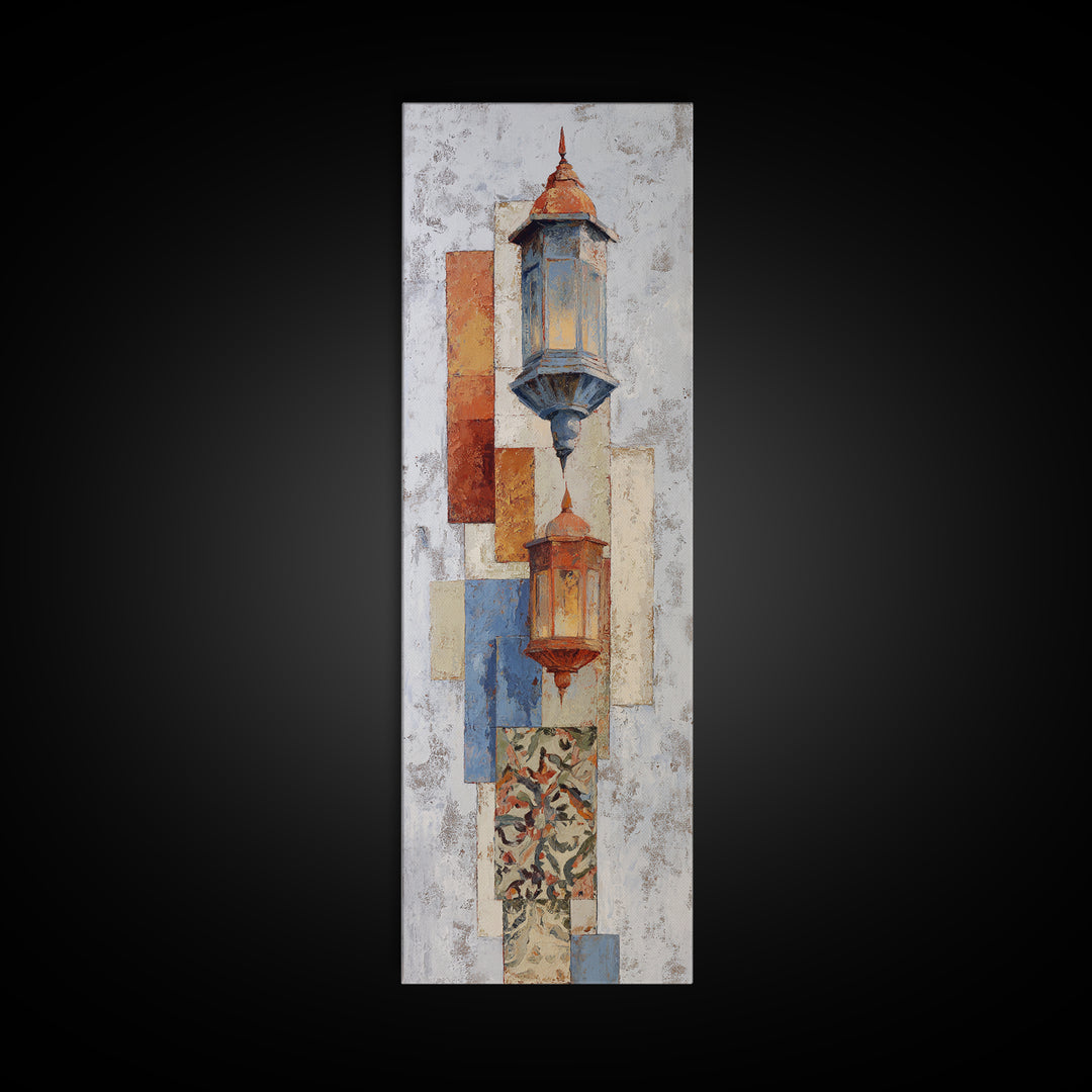 Moroccan Influenced Lantern Framed Canvas Print, Mediterranean Art, Travel Poster, Living Room Decor, Oil Painting, Azure, MAR-1x3-69