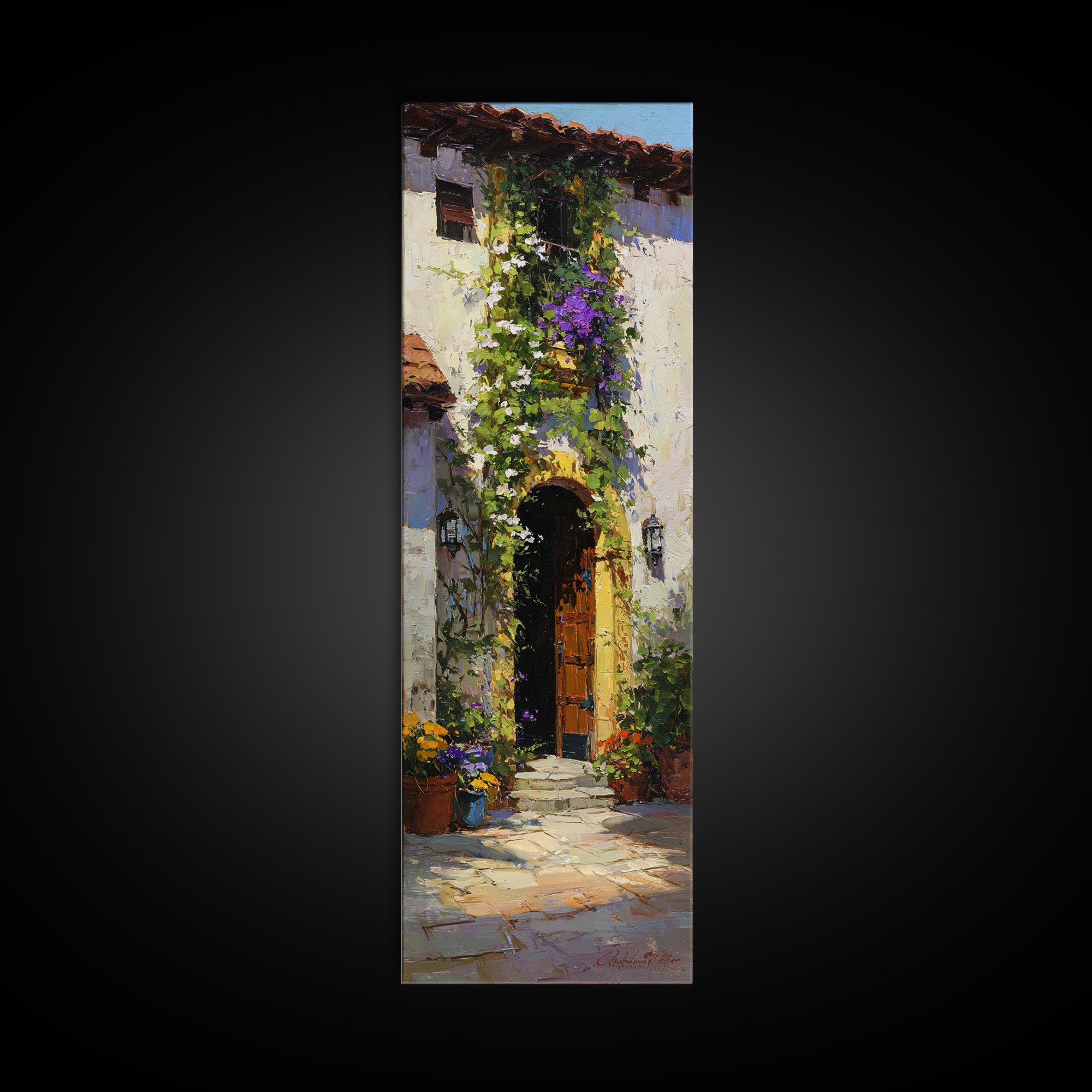 Sunlit Courtyard Doorway Framed Canvas Print, Mediterranean Art, Farmhouse Decor, Living Room Decor, Fine Art, Azure, MAR-1x3-71