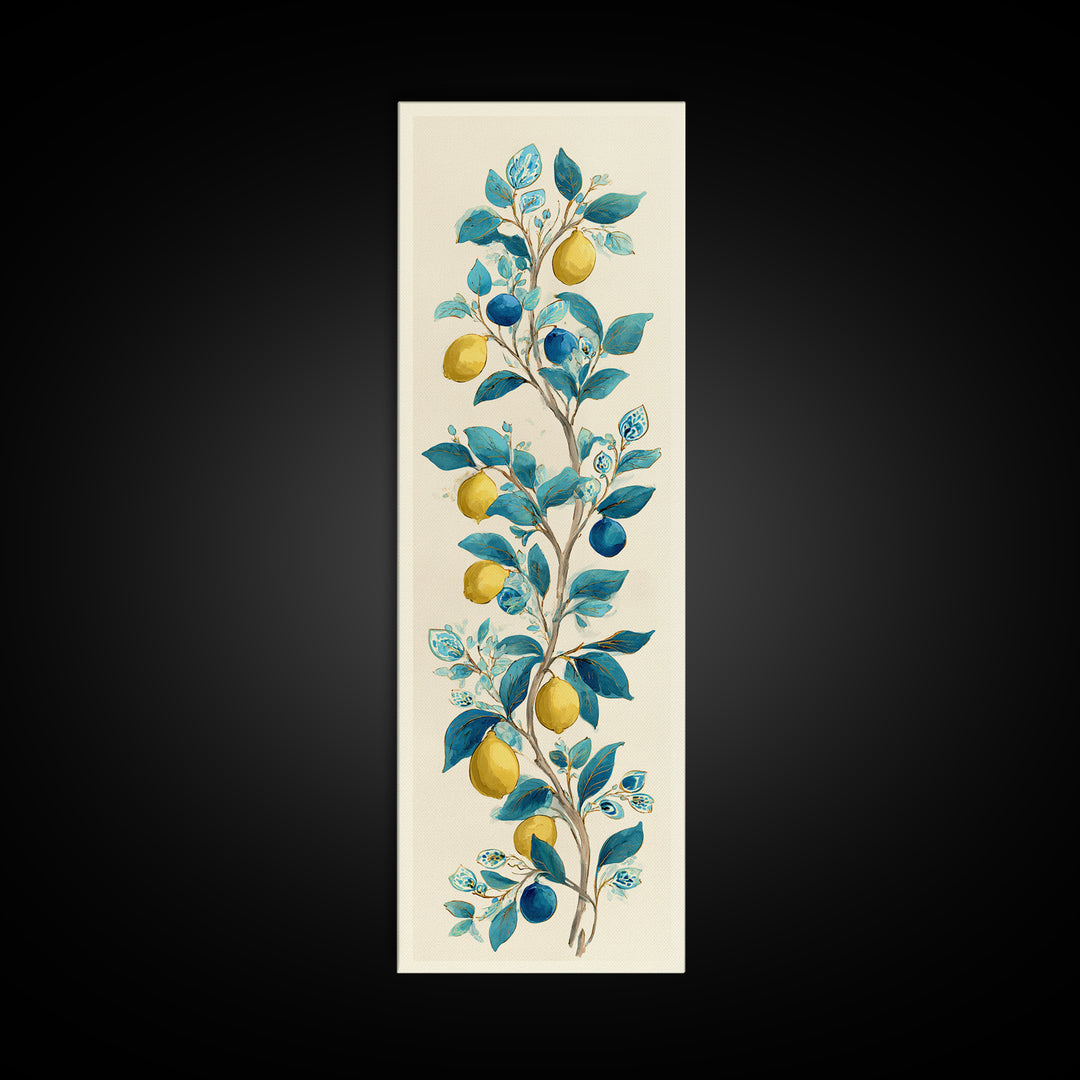 Sicilian Lemon Branch on Ivory Background Canvas Print, Mediterranean Art, Living Room Decor, Oil Painting, Azure, MAR-1x3-73