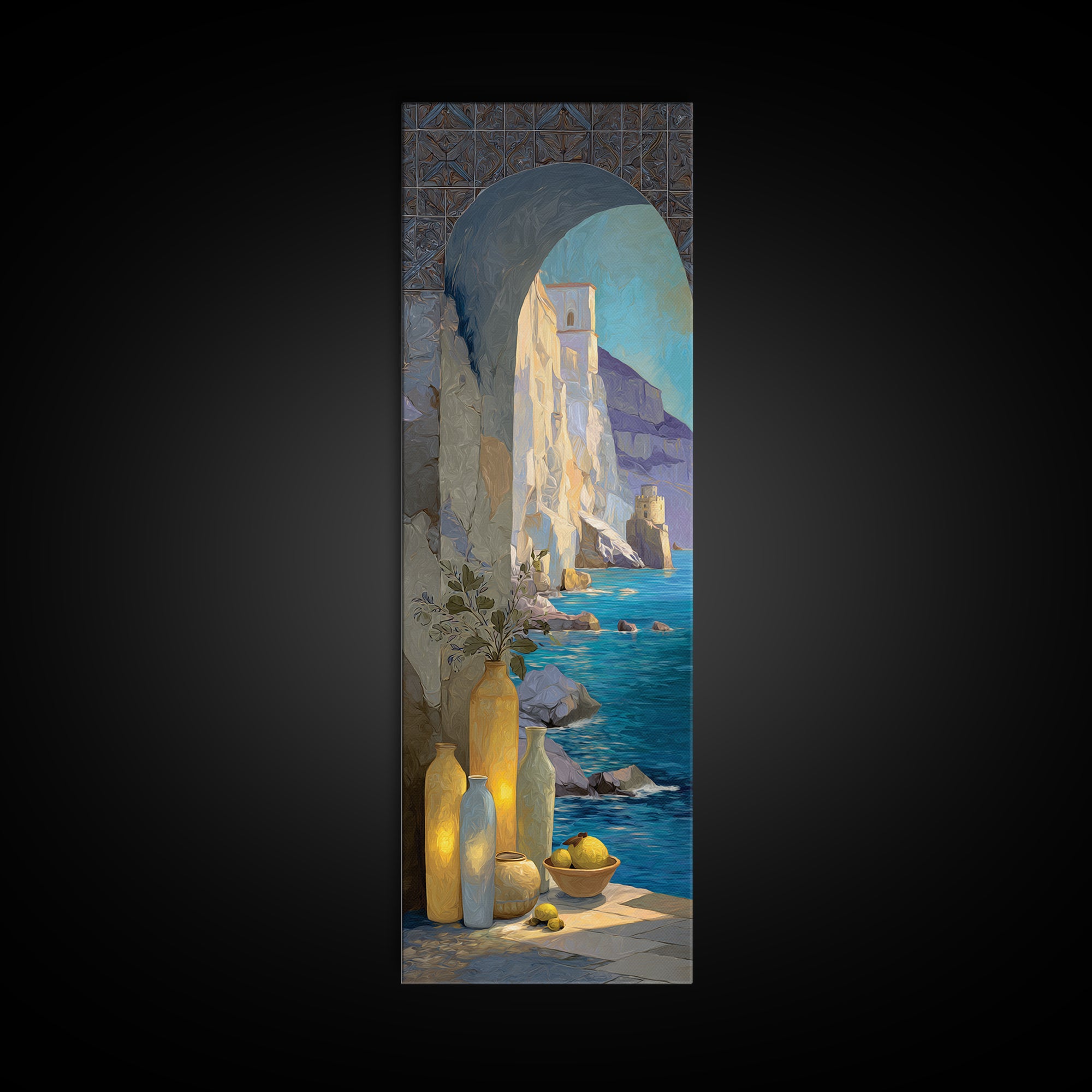 Coastal Cliffs with Sparkling Blue Water Framed Canvas Print, Mediterranean Art, Beach Prints, Living Room Decor, Azure, MAR-1x3-8