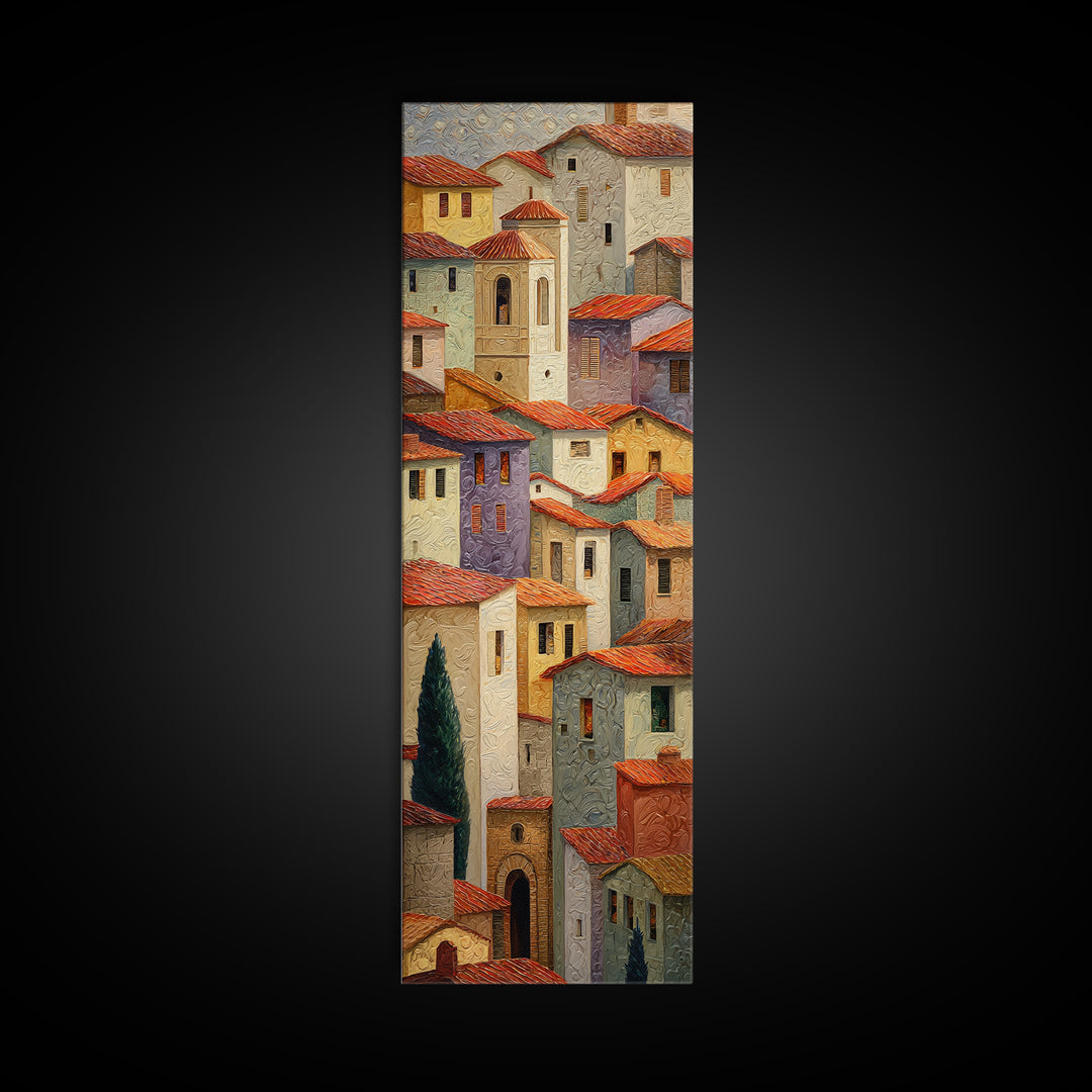 Sunset over Red Tiled Rooftops Framed Canvas Print, Mediterranean Art, Digital Print, Living Room Decor, Fine Art, Azure, MAR-1x3-83