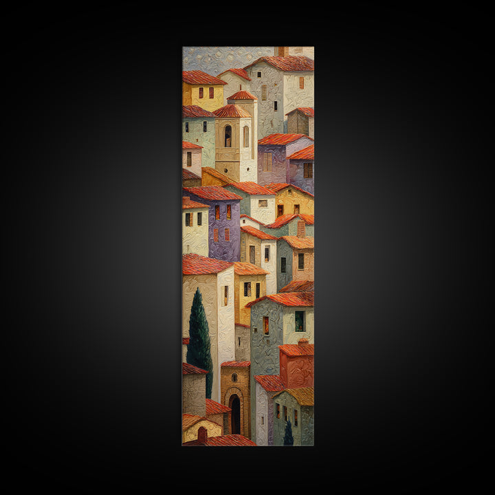 Sunset over Red Tiled Rooftops Framed Canvas Print, Mediterranean Art, Digital Print, Living Room Decor, Fine Art, Azure, MAR-1x3-83