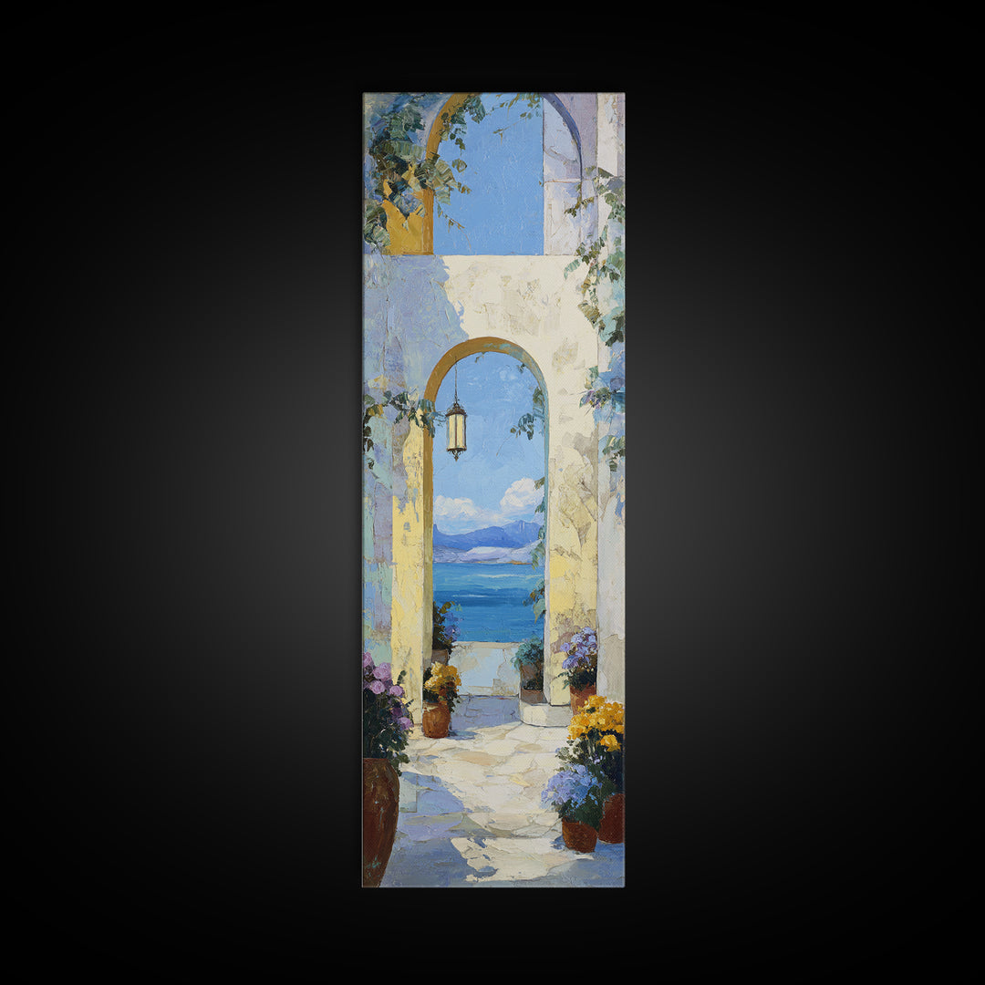 Mediterranean Arch Framing Ocean Horizon Canvas Print, Mediterranean Art, Modern Wall Art, Living Room Decor, Azure, MAR-1x3-87