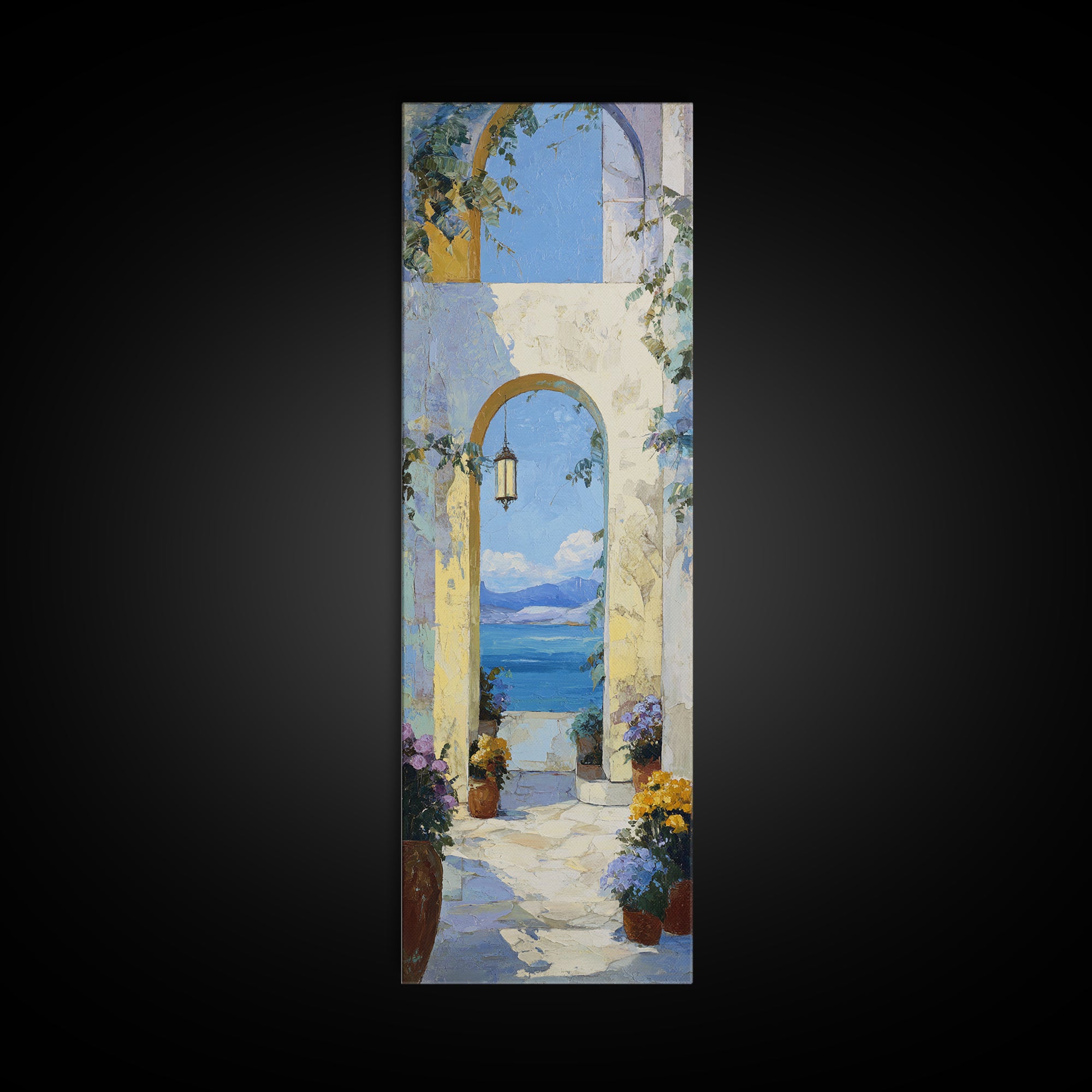 Mediterranean Arch Framing Ocean Horizon Canvas Print, Mediterranean Art, Modern Wall Art, Living Room Decor, Azure, MAR-1x3-87