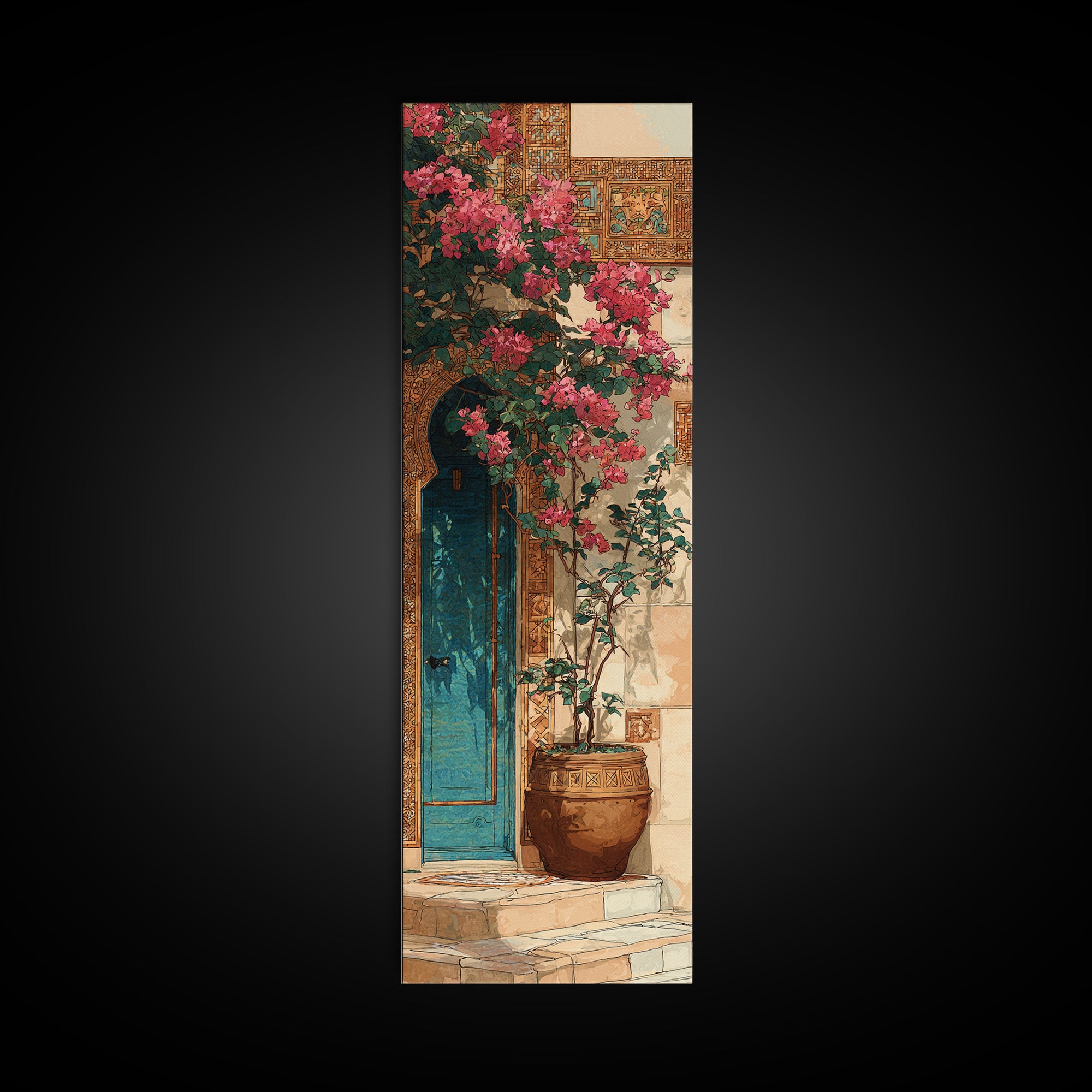 Bougainvillea Cascading over Stone Wall Canvas Print, Mediterranean Art, Watercolor Painting, Living Room Decor, Azure, MAR-1x3-89