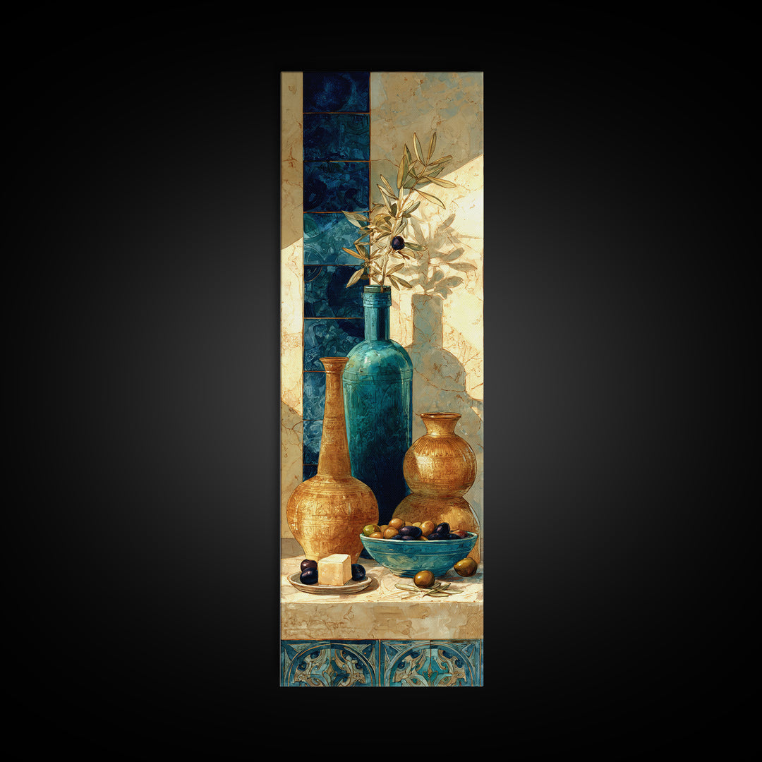 Figs Olives and Cheese Still Life Framed Canvas Print, Mediterranean Art, Printable Art, Living Room Decor, Fine Art, Azure, MAR-1x3-92