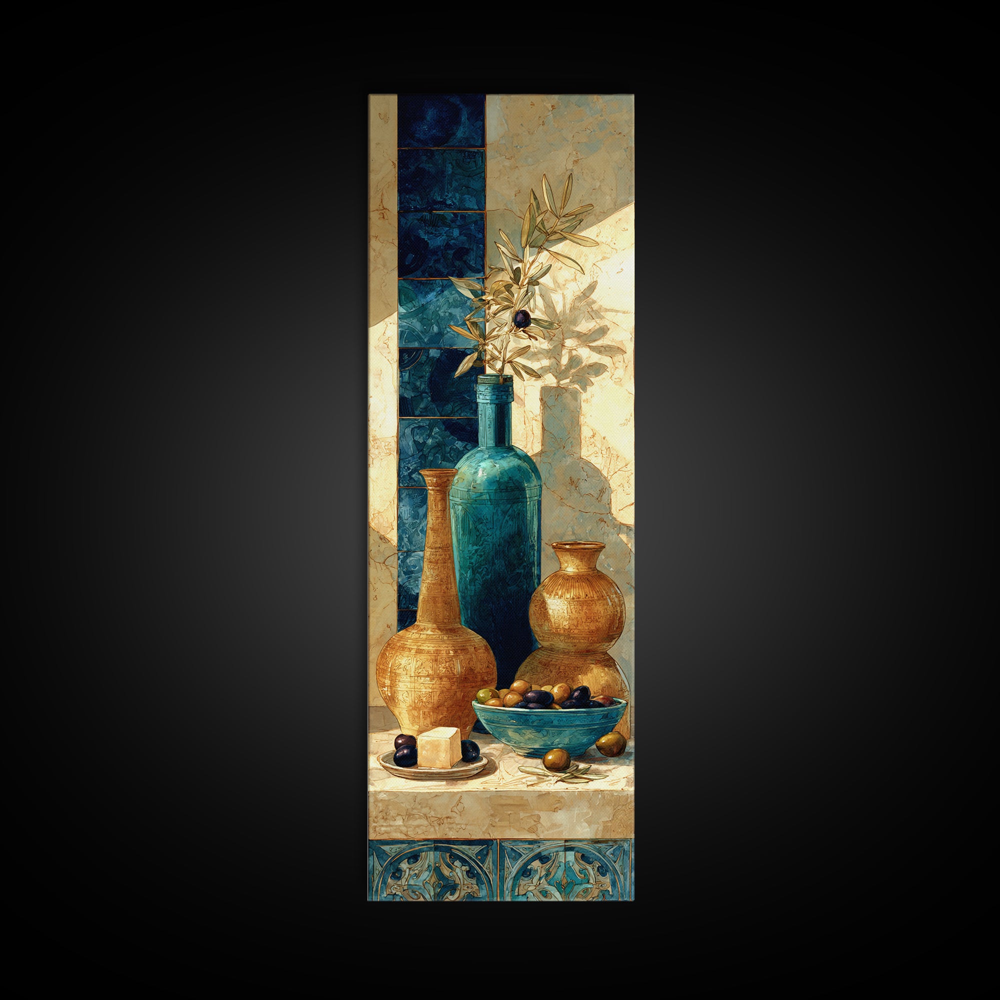 Figs Olives and Cheese Still Life Framed Canvas Print, Mediterranean Art, Printable Art, Living Room Decor, Fine Art, Azure, MAR-1x3-92