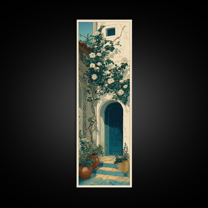 Sunlit Courtyard Doorway Canvas Print, Mediterranean Art, Nautical Decor, Living Room Decor, Oil Painting, Azure, MAR-1x3-95