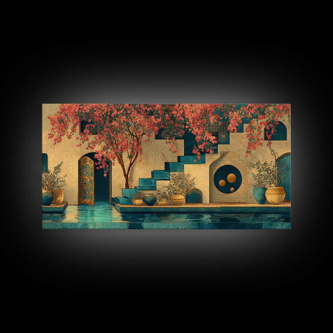 Bougainvillea Cascading over Stone Wall Framed Canvas Print, Mediterranean Art, Art Print, Living Room Decor, Fine Art, Azure, MAR-2x1-1