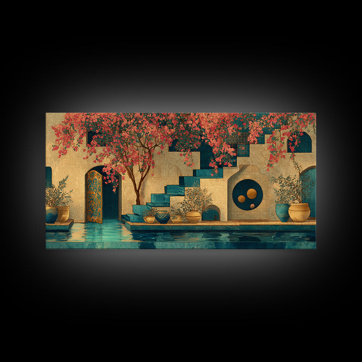 Bougainvillea Cascading over Stone Wall Framed Canvas Print, Mediterranean Art, Art Print, Living Room Decor, Fine Art, Azure, MAR-2x1-1