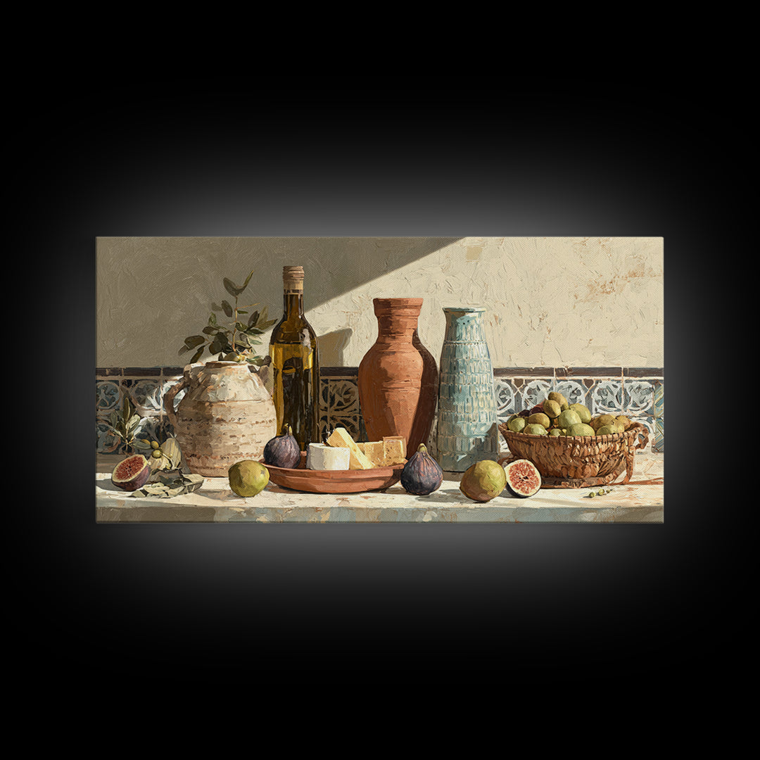 Figs Olives and Cheese Still Life Framed Canvas Print, Mediterranean Art, Minimalist Wall Art, Living Room Decor, Azure, MAR-2x1-100